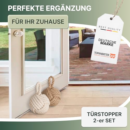 TOPANBIETER 999 2er Set Deko Türstopper Jute natur und cremweiß Türhalter Fensterpuffer Bodenstopper Tür Stopper Knoten Natur Strick Kugel mit Schlaufe ca. 1,5 kg