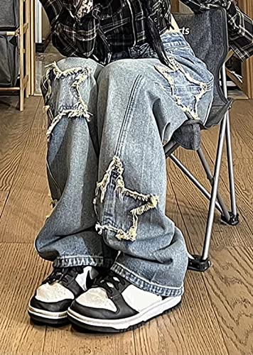 Women's Blue Patch Jeans Hiking Pants Washed Denim Pants Cute Clothes Relaxed Jeans3