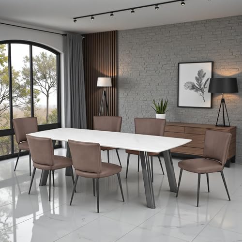 Image of The Attic Grayson Curve 6 Seater Dining Set,Light Brown,Titanium & Cream,160Cms