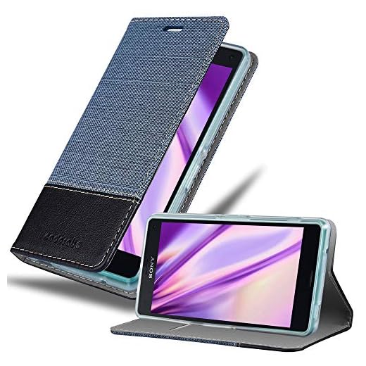 Cadorabo skal till Sony Xperia Z3 COMPACT – mobiltelefonfodral med stativ och kortfack i tyg design – fodral skydd skyddsfodral etui väska bok, Sony Xperia Z3 COMPACT / MINI, DUNKEL BLAU SCHWARZ