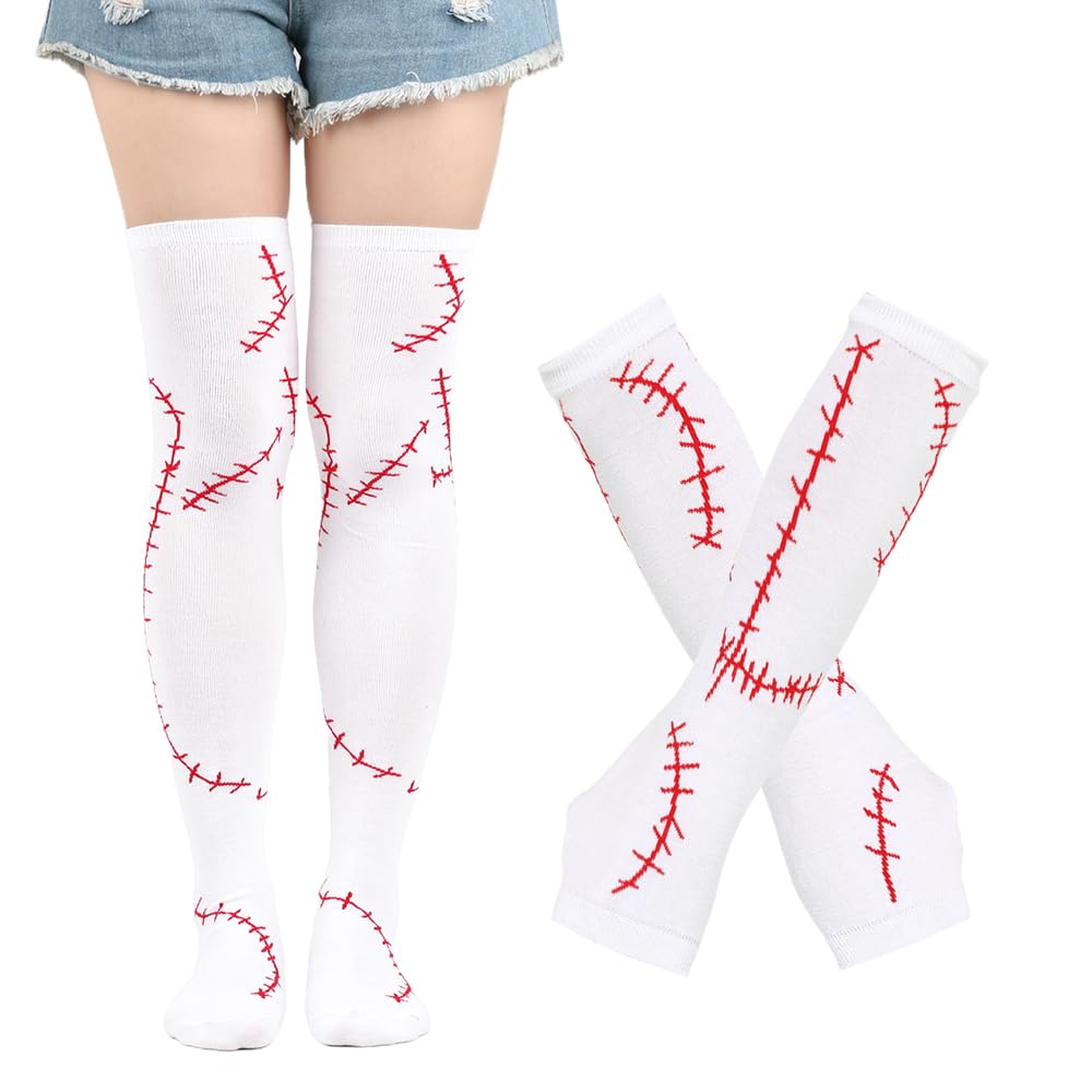 SherryDC Womens Girls Cosplay Rainbow Striped Knee High Socks Leg Arm Warmer Fingerless Gloves Set