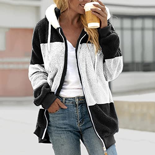 Fuzzy Fleece Jackets for Women Plus Size Hoodies Fall Winter Coats Color Block Patchwork Cardigan Coat with Pockets