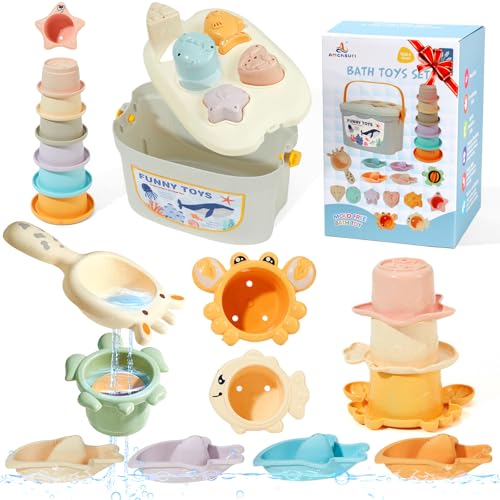 Image of Baby Bath Toys, 21PCS | Easy Clean & Mold Free Bath Toys for Babies 6-12 Months | Educational Shape-Sorting Lid & Baby Stacking Cups | Tub Water Pool Beach Toy for Baby Gift with Portable Storage Bin