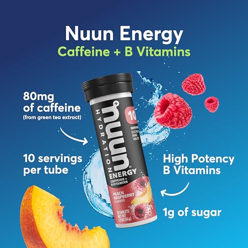 Image of Nuun Energy Caffeine + B Vitamins, Electrolyte Hydration Tablets with Caffeine from Green Tea Extract, Magnesium & 4 Other Electrolytes, Gluten Free, Vegan, Mixed Flavors, 4 Pack (40 Servings Total)