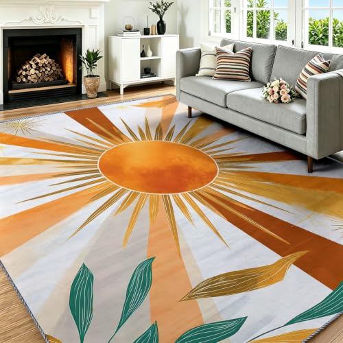 Générique Tapis Salon 120 x 170 cm Soleil Formes Géométriques, Tapis Art Déco, Lavable Antidérapant, Decoration Chambre Maison, Poil Ras, Doux, Blanc