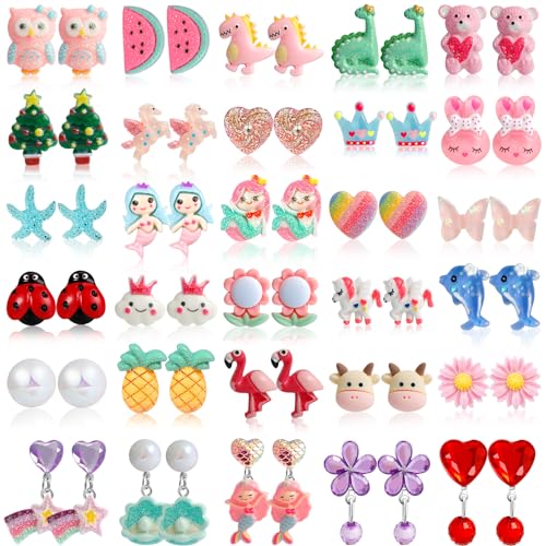 Clip On Earrings For Girls, 12/30 Pairs Hypoallergenic Kids Earrings, Cute And Great Gifts For Girls 4-12 (30-pair of clip on earrings)