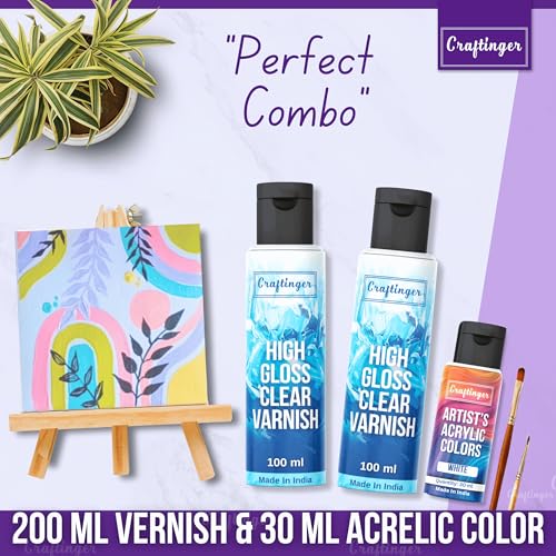 Image of Craftinger 200ml High Gloss Clear Varnish with Free 30ml Acrylic Color | Non-Yellowing NonToxic | Multi-Surface color for Canvas, Wood, Glass & More | Set for Adults, for Artists, students & Hobbyists