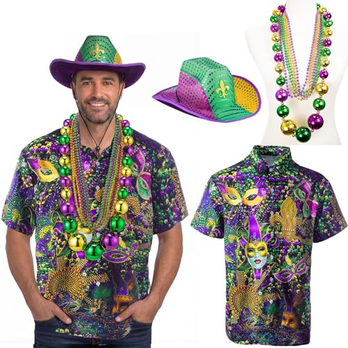 Chicingyou 9 pcs Mardi Gras Outfit for Men Shirt Sequin Hat 46 Jumbo Ball Necklaces Bead Necklaces Set for Festivals Parad(M)