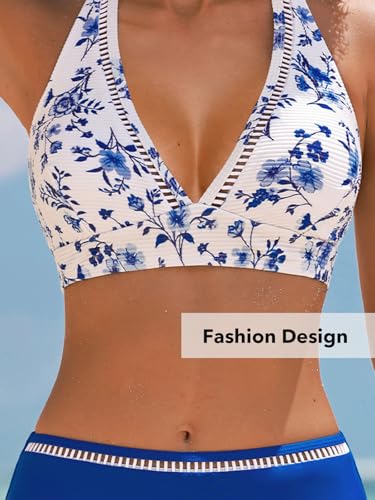 CUPSHE Women's Bikini Sets Two Piece Swimsuit High Waisted Halter Back Self Tie V Neck Textured Hollow Out4