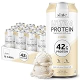 Slate Milk - Ultra Protein Shake - Vanilla - 42g Protein, 1g Sugar, 180 Calories, 1g Net Carbs - Lactose Free, No Added Sugar - Made with Ultra Filtered Milk - Breakfast Boost, Post Workout - 15 fl oz, 12 Cans