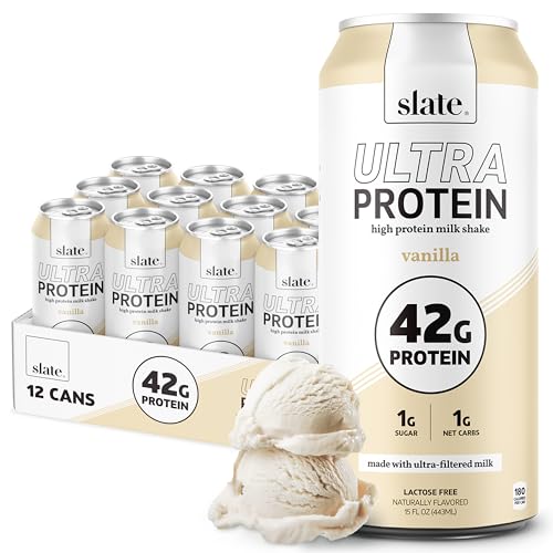 Slate Milk - Ultra Protein Shake - Vanilla - 42g Protein, 1g Sugar, 180 Calories, 1g Net Carbs - Lactose Free, No Added Sugar - Made with Ultra Filtered Milk - Breakfast Boost, Post Workout - 15 fl oz, 12 Cans