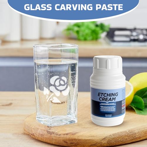 ALONK 2 Stück Glas-Ätzpaste 80g, Glas Etching Paste Komplettset mit Template-Set, Klebeband, 2 Paar Handschuhe & Applikationsstab,für DIY-Kreationen, Milchglastüren, Weingläsern & Kunstwerke