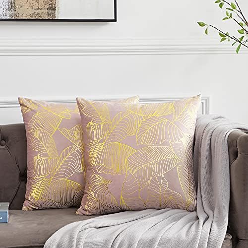 OMMATO Velvet Green Cushion Covers 50cm x 50cm Square Gold Leaves Decorative Throw Pillow Covers 20 x 20 inch for Sofa Bedroom Living Room Pack of 2