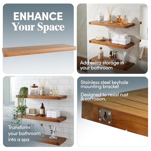 Image of AquaTeak Moa 30 inch Teak Floating Shelf, Wall Mounted, Holds Up to 10 lbs