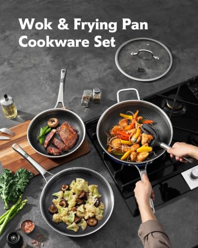 Image of DOTCLAD 3-Piece Hybrid Stainless Steel Cookware Set-12 Inch Wok with Lid,10 Inch Frying Pan,12 Inch Skillet with Lid-Non Stick,PFOA Free,Dishwasher&Oven Safe,Induction Compatible,Cookware Set.