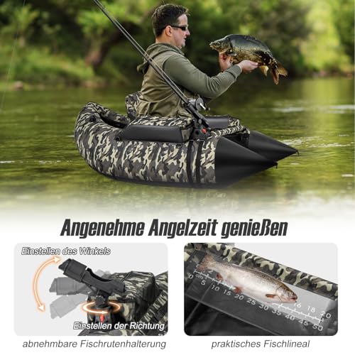 GOPLUS Aufblasbares Belly Boot, Angelboot mit Aluminium-Paddel, Flossen, Luftpumpe, Verstellbarer Angelrutenhalter, Staufächer, Schlauchboot tragbar für 1 Person, 111 x 104 x 46 cm – Bild 4