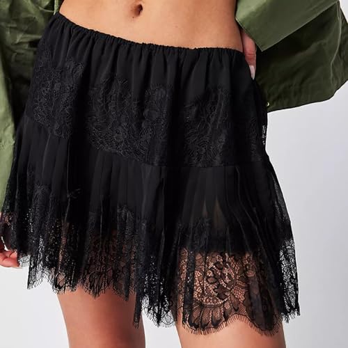 Women Y2k Lace Trim Slip Skirt Summer Mini Pleated Ruffle Floral Tiered Hem Short Skirts Half Underskirt Streetwear4