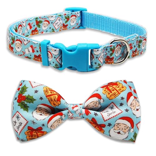 Christmas Dog Collar with Bow Tie Set Holiday Santa Claus Pattern Pet Collar for Small Medium Large Dogs Adjustable Puppy Collar with Quick Release Buckle
