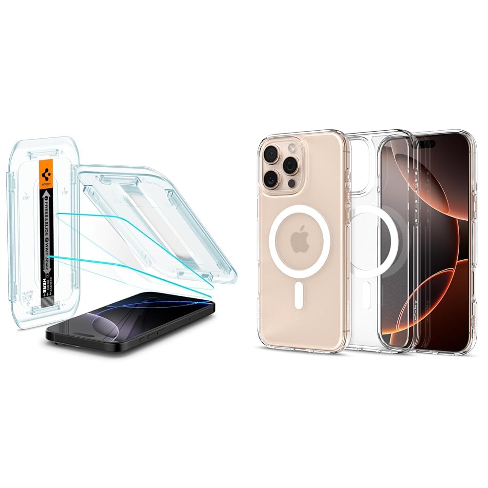 Spigen iPhone 16 Pro Cam Ekran Koruyucu Kolay Kurulum Glas.tR EZ Fit Slim HD (2 Adet) - AGL07928 & iPhone 16 Pro Kılıf Ultra Hybrid MagFit MagSafe özellikli Frost Clear - ACS08133