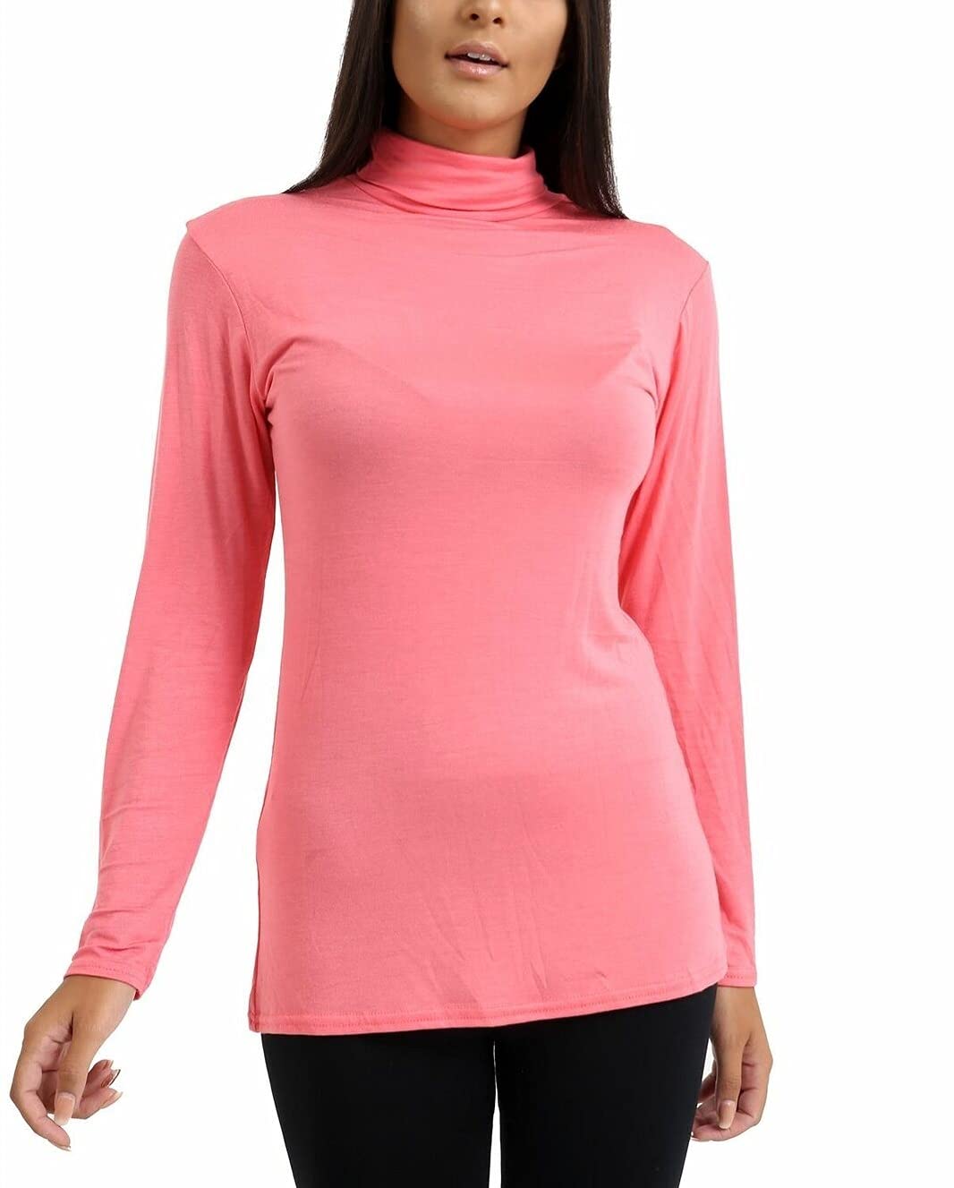 Ladies Women Basic Long Sleeve Plain Polo Turtle Neck Ladies Stretch Plus Size Top T Shirt (Coral, XXL)