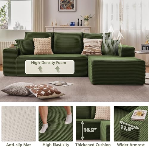 Image of 107 inch Cloud Sectional Couch with L-Shape Chaise, Modern Modular Comfy Sofa Chaise Longue, Upholstered Corduroy Couches Sleeper with Deep Seat for Living Room Bedroom, No Assembly Required, Green