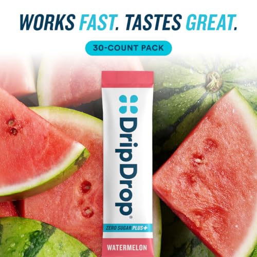 Image of DripDrop Hydration Zero Sugar Plus Electrolyte Packets, Watermelon, 30 Ct | Sugar Free, Single Serve Powder Drink Mix; 3X Electrolytes, 15 Vitamins & Nutrients; No Artificial Sweeteners, Low Calorie