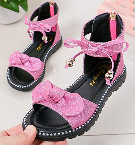 Girls’ Sweet Bows Ankle Strap Back Zipper Roman Sandals Flats Pink Size 1.5M3