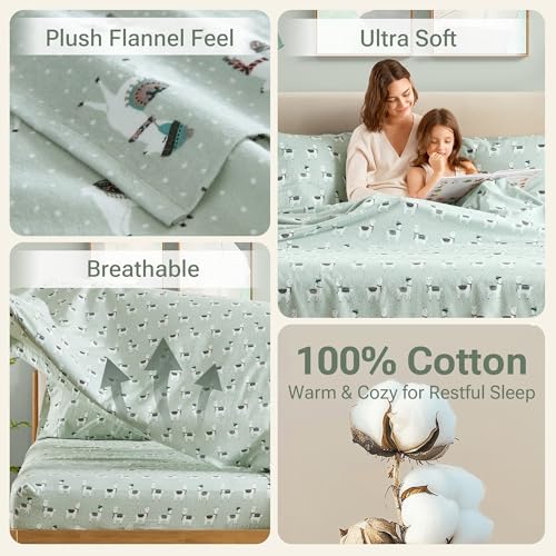 True North by Sleep Philosophy Cozy Flannel Warm 100% Cotton Sheet - Novelty Print Animals Stars Cute Ultra Soft Cold Weather Bedding Set, Twin XL, Seafoam Llama 3 Piece