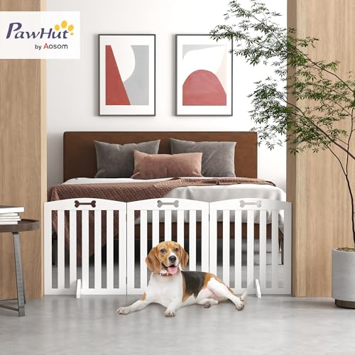 PawHut Absperrgitter Hund Freistehendes Schutzgitter mit Füßen 155 x 61 cm Hundegitter Klappbar Treppenschutzgitter Türschutzgitter Treppengitter für Treppen, Türen, Küche, Flur, 3 Paneelen, Weiß