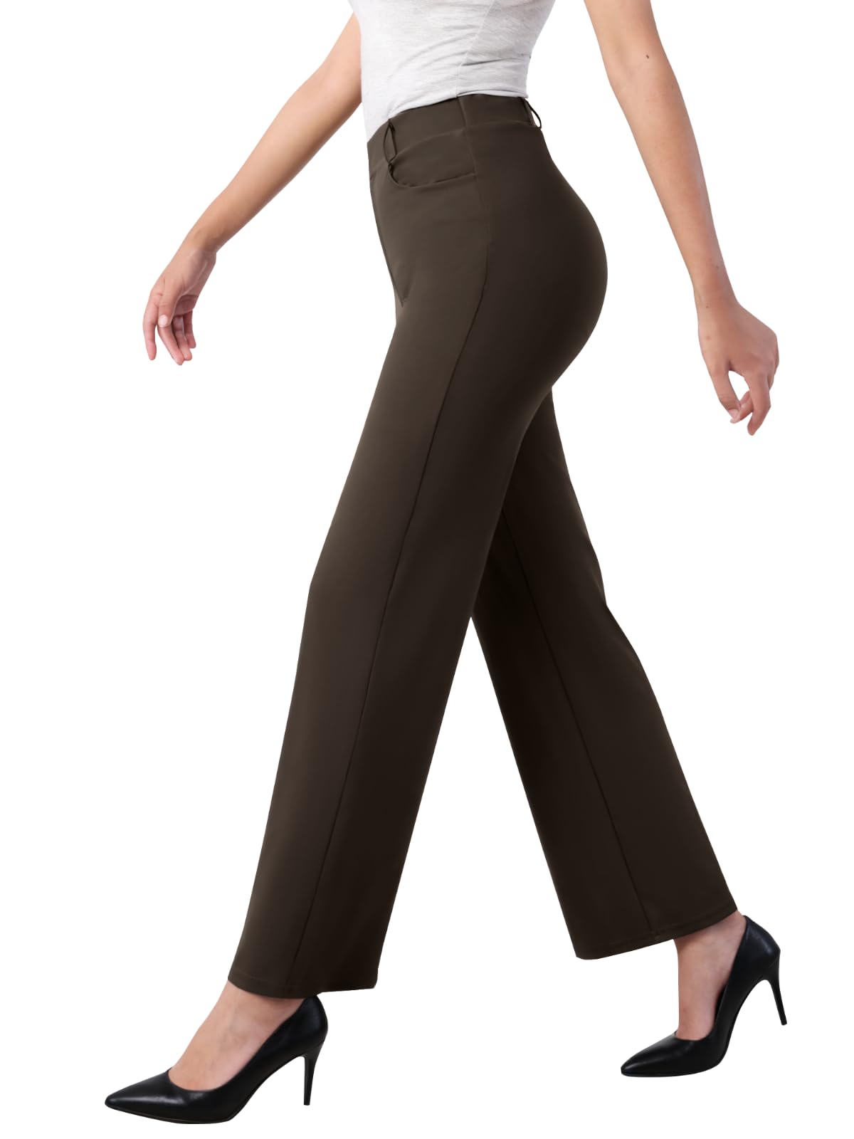 Glacspyg Damen Hohe Taille Straight Freizeithosen Elastische Business Arbeitshosen Elegante Stretch Weite Hosen mit Taschen Braun XL