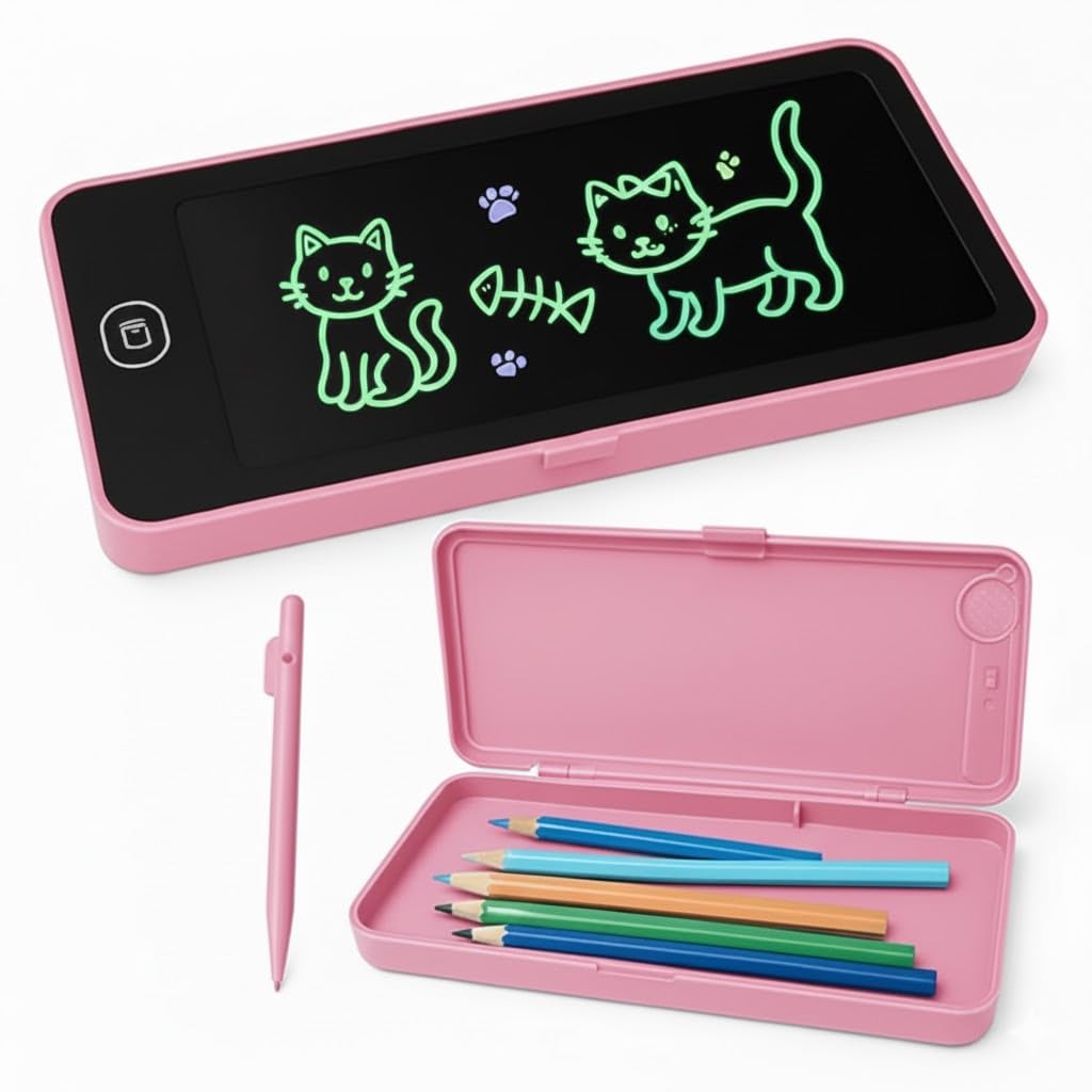 LCD Writing Tablet Pencil Box 2-in-1 | Erasable Digital Drawing Board & Stationery Storage Case | Educational Toys for 3 Year Old Kids | Travel Digital Board (Model: Screen LCD Pencil Case) (Pink)-image-16