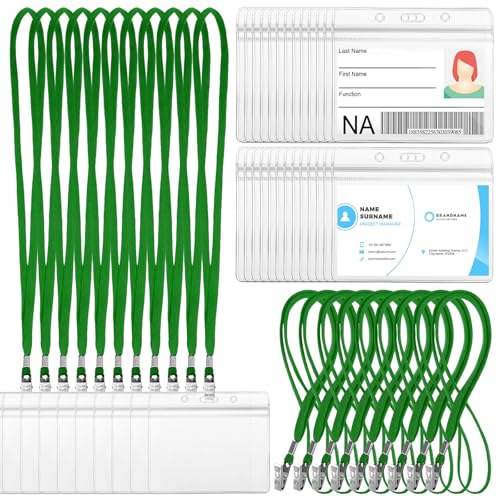 Image of Marspark 50 Sets Clear Name Tags with Lanyard, Lanyards for ID Badges Reusable Strap with ID Holder Plastic Name Badges for Adults Business School Church Conference (Green)