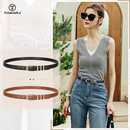 2 Pack Women Skinny Leather Belts for Jeans Pants Thin Faux Leather Belt with Gold Buckle2