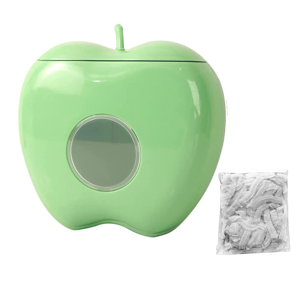 GALER Plastic Wrap Dispenser Storage Box, Apple Shaped Plastic Boxes for Storage Plastic Wrap for Food, Punch-Free Fresh Keeping Bag Storage Box With 100pcs Plastic Wrap (Green)