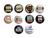 Creanoso Gym Motivation Button Pins (1-Set X 10 Buttons) - Fun Classroom Reward Incentives for Students and Children - Stocking Stuffers Party Favors & Giveaways for Boys, Girls, Kids, Teens