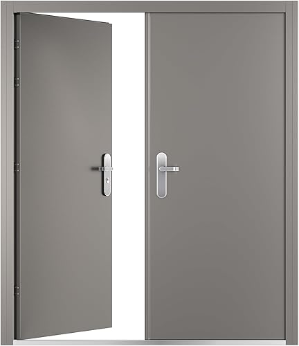 VIZ-PRO Puerta de seguridad de acero doble de montaje rápido con marco y herrajes, hoja activa lateral izquierda gris hacia adentro, losa de puerta