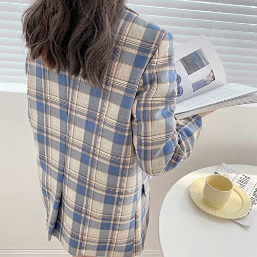 Retro Vintage Plaid Blazer Oversized for Girl, Women's Notched Lapels Double Breasted Check Blazer Jacket (XL, Blue)3