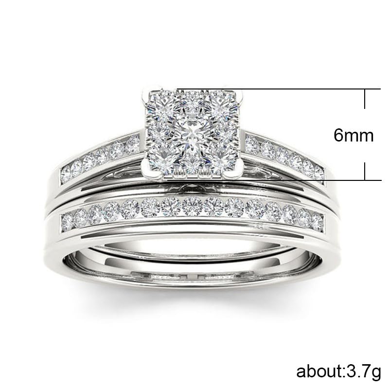 2PCS Flash Diamond Engagement Rings Simulated Sterling Silver Couple Zircon Diamond Rings Set, Wedding Promise Love Relationship Rings Engagement Wedding Band Set Size 74