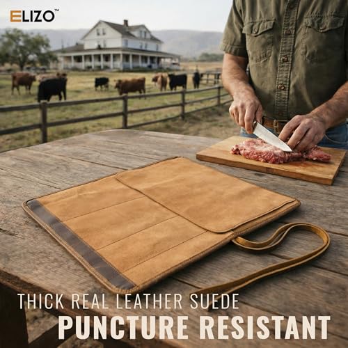 Image of ELIZO Leather Knife Roll Bag Professional Chef Knife Case, Durable Knife Sheath Holder, Cooks & Culinary Tools Carrying Storage, Portable Knife Wrap - 4 Slots