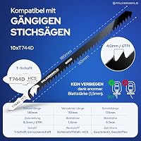 FALKENWALD® Stichsägeblätter Holz 10x T744D – Extra Lang 180mm - Für tiefe Schnitte bis 135mm - T-Schaft, HCS, 6 TPI – Für Weichholz, Hartholz, OSB, MDF, Laminat – Ansicht 2