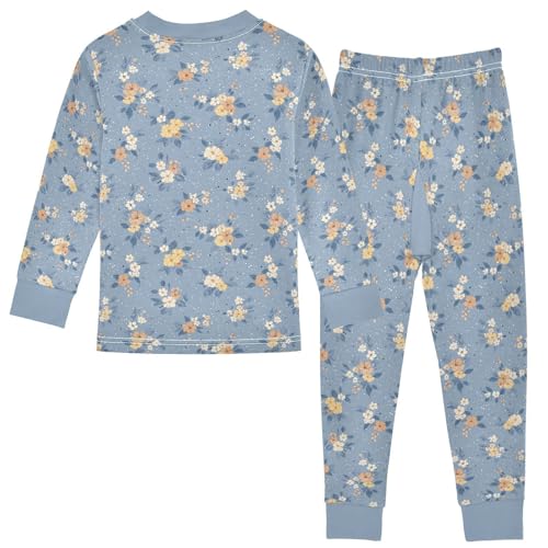 Cartoon Pajamas Set Flower Floral Pattern Blue Long Sleeve PJs Cotton Jammies Sleepwear Top and Pants2