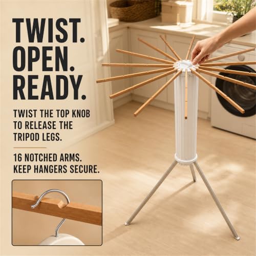 Image of Clothes Drying Rack Foldable, Portable Laundry Drying Rack for Clothes with 16 Wooden Rods & 48 Windproof Slots, Collapsible Tripod Dry Rack for Apartment, RV, Balcony