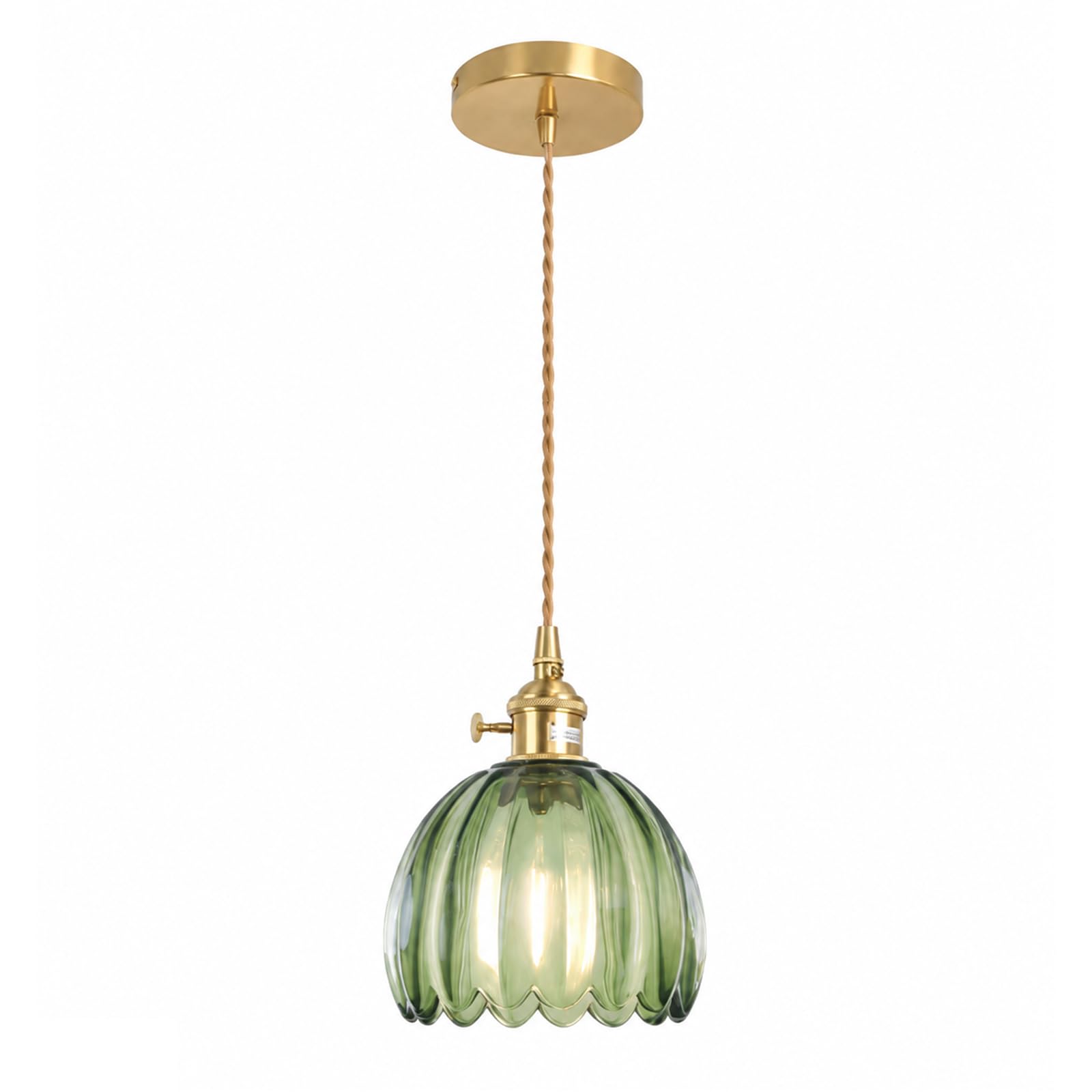 Lámpara Colgante de Techo Vintage con Flor de Cristal, Latón E27 con Interruptor, Cable Ajustable de 150cm, Luz Colgante para Cocina Dormitorio Sala Comedor (Verde)