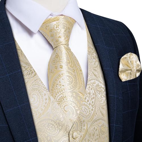 Image of DiBanGu Mens Vest and Tie Set Formal Paisley Waistcoat and Necktie Pocket Square Cufflinks Silk Suit Vest for Tuxedo Wedding