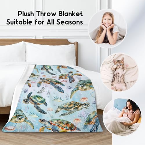 Turtle Blanket for Girls Boys, Cute Soft Gifts for Ocean Lovers, Cozy Flannel Throw for Bed Travel, 50"x60"