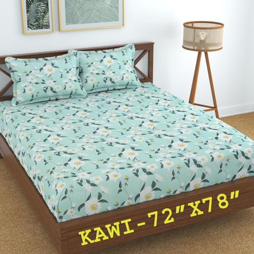 Image of KAWI Elastic Fitted Bedsheet Cotton Blend 200 TC Double Bed With 2 Pillow Cover (72 inchX78 inch)-Light Green Flower