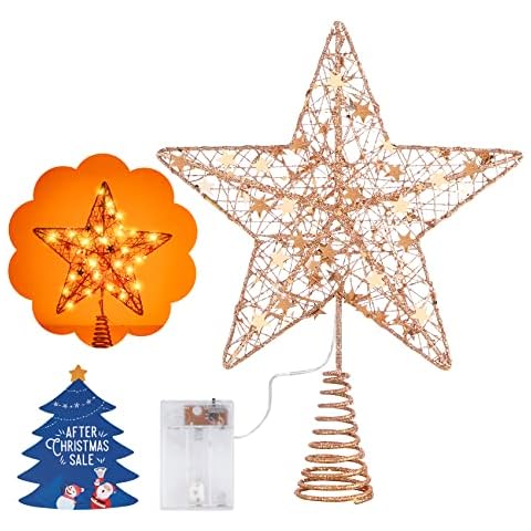Weihnachtsbaumspitzen Stern,31cm Roségold Weihnachtsbaumspitzen Glitzernd,Beleuchteter Stern Glitzernder aus Metall Cover