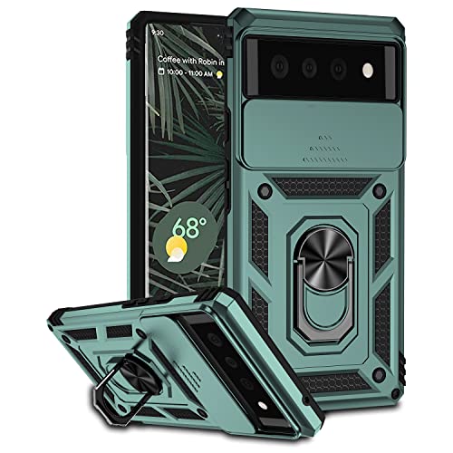 QIWEIQING Funda para Google Pixel 6 Carcasa [Protector de Cámara Deslizante], Metal Giratorio de 360°, Soporte para PC, Funda Case híbrida Militar Funda para Google Pixel 6. Verde JXT