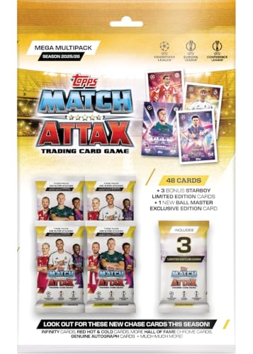 Topps UCC Match Attax 2025/26 – Mega Multipack – Contient 48 cartes Match Attax plus 3 Star Boy LE aléatoires et une carte Ball Master LE aléatoire.