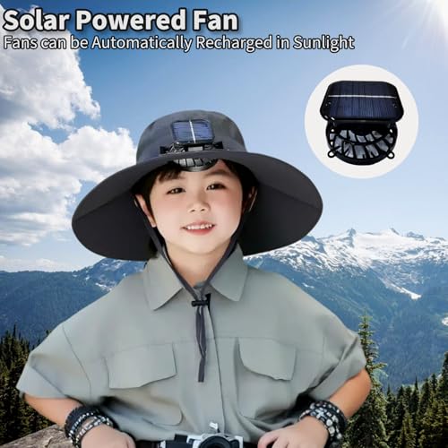 Solar Fan Hat for Kids, Wide Brim Beach Hat with Fans Solar Power Waterproof Summer Hat for Children Hiking, Camping4